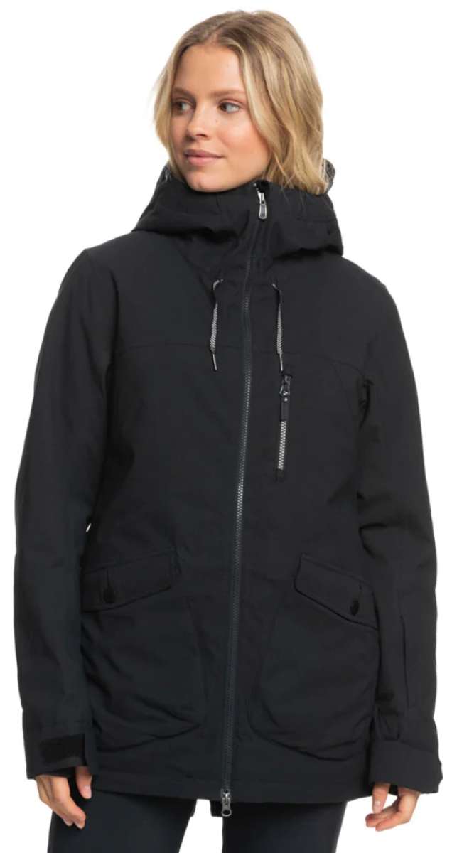 Roxy Women's Stated Insulated Jacket - A black insulated jacket with a high collar and zippered pockets, featuring a drawstring at the waist.