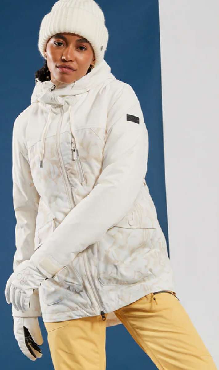 Roxy Women's Stated Insulated Jacket 2024 - A white jacket with a subtle floral pattern and black zipper.