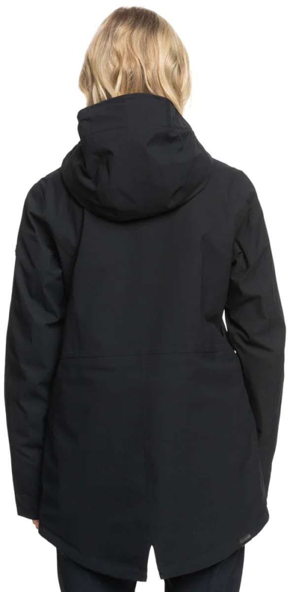 Roxy Women's Stated Insulated Jacket 2024 - A black insulated jacket with a hood, worn by a model from behind.