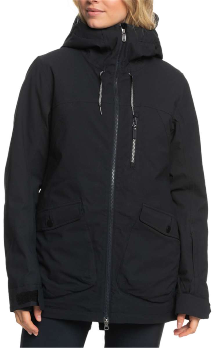 Roxy Women's Stated Insulated Jacket - A black insulated jacket with a high collar and zippered pockets on both sides.