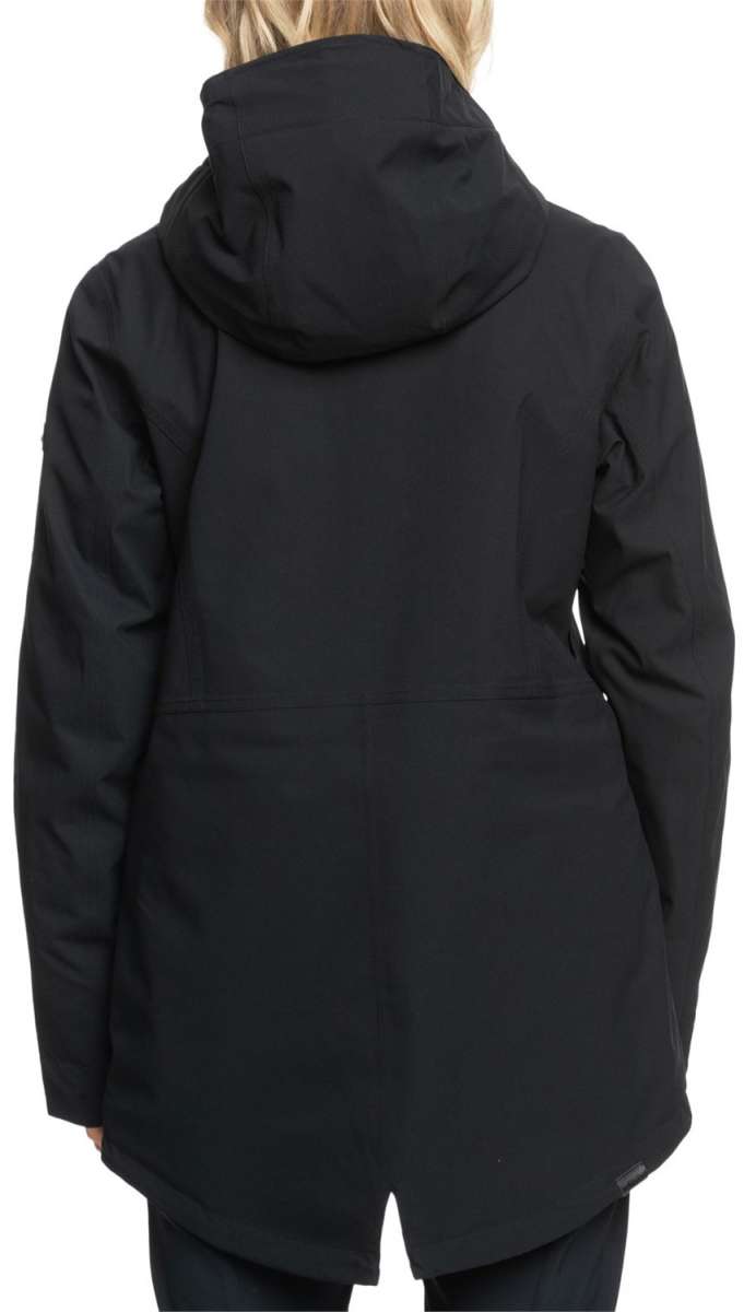 Roxy Women's Stated Insulated Jacket 2024 - A black insulated jacket with a hood, featuring a zippered front and two side pockets.