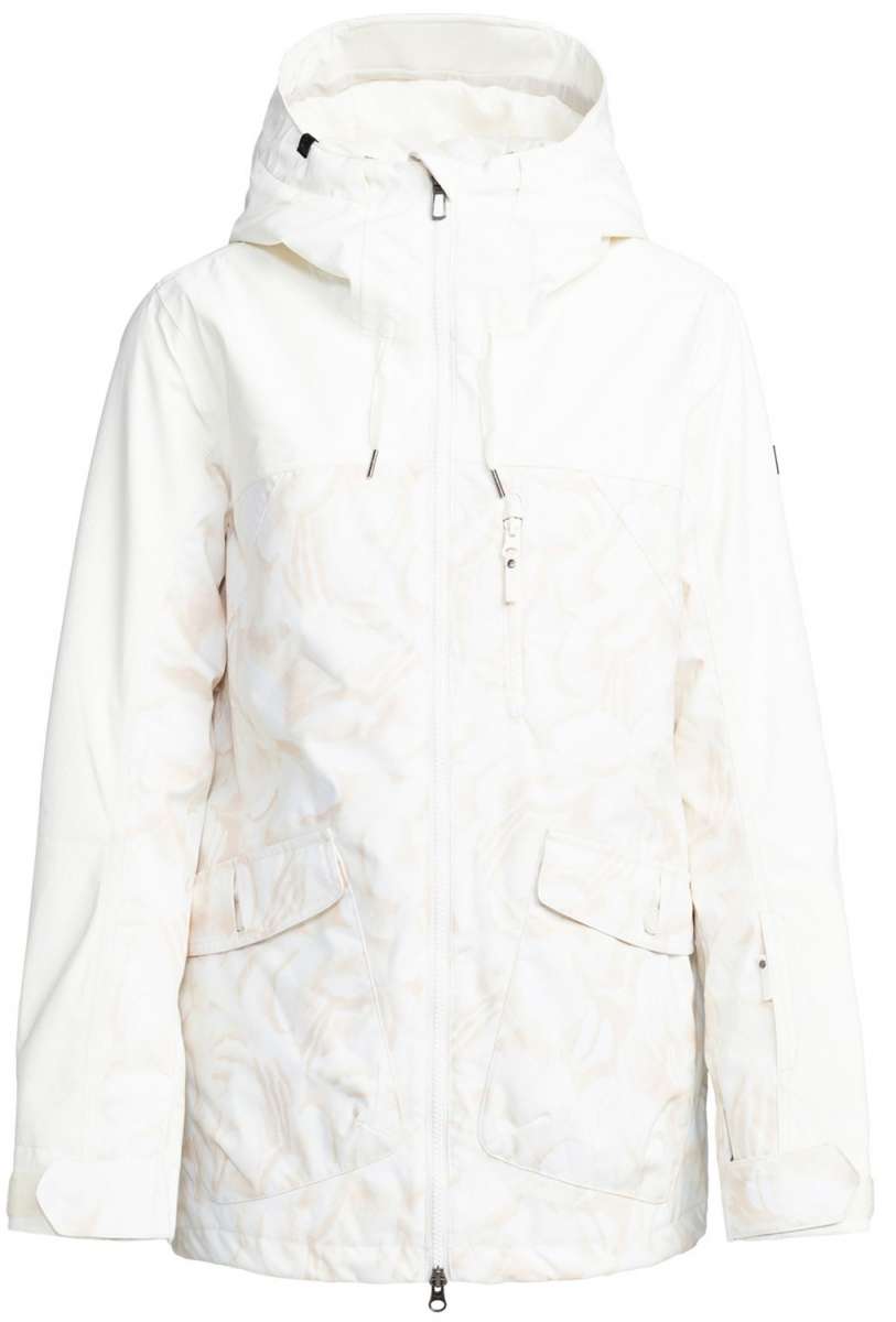 Roxy Women's Stated Insulated Jacket 2024 - A cream-colored jacket with a hood, featuring two zippered pockets on the front and a central zipper closure.