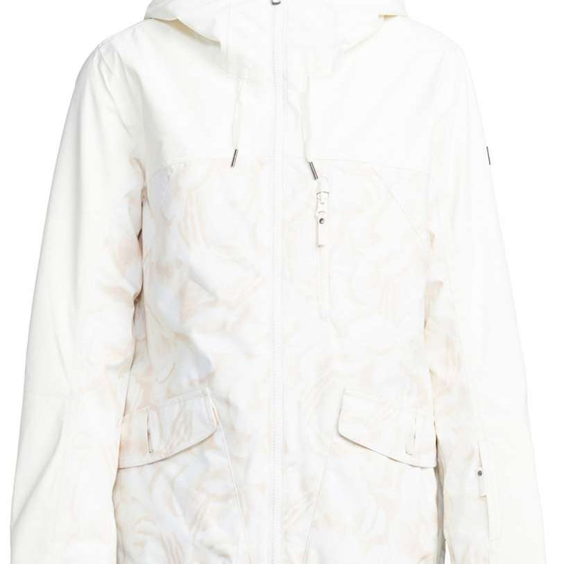 Roxy Women's Stated Insulated Jacket 2024 - A cream-colored jacket with a hood, featuring two zippered pockets on the front and a central zipper closure.