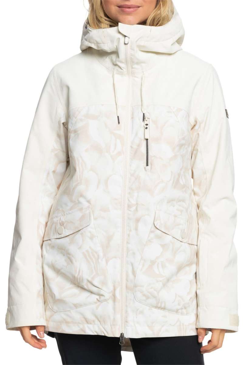 Roxy Women's Stated Insulated Jacket - A cream-colored jacket with a subtle floral pattern and silver zippers.