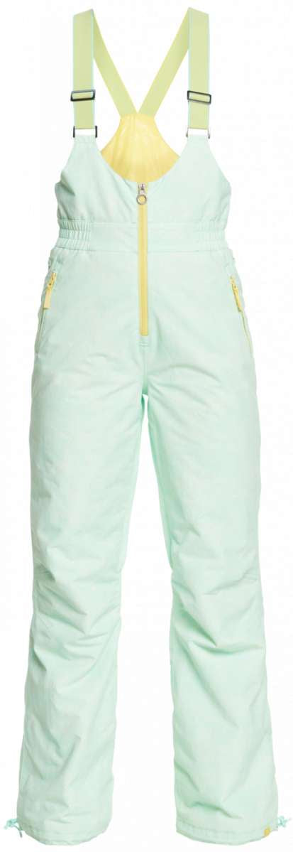Roxy Women's Summit Bib Shell Pant 2023 - Light-colored bib shell pant with yellow zipper and adjustable straps.
