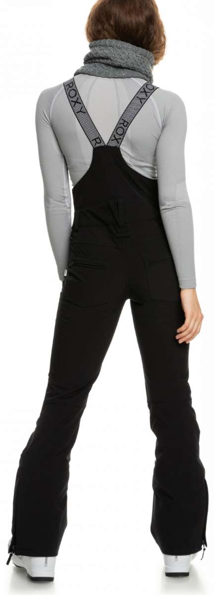 Roxy Women's Summit Bib Shell Pant 2023 - Black bib shell pants with a subtle white stripe on the side of each leg.