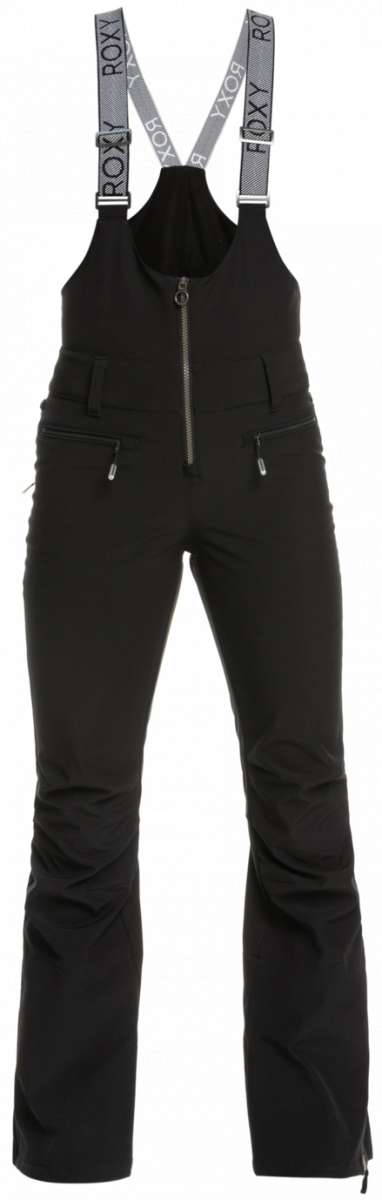 Roxy Women's Summit Bib Shell Pant 2023 - Black bib shell pants with a zipper down the front and two zippered pockets on the side.