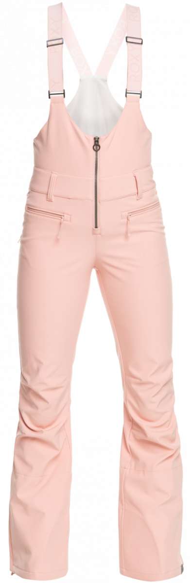 Roxy Women's Summit Bib Shell Pant 2023 - Light pink bib shell pants with a zippered fly and adjustable straps.