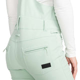 Roxy Women's Summit Bib Shell Pants 2024 - A pair of mint green snow pants with a black logo on the left thigh and adjustable straps at the waist.