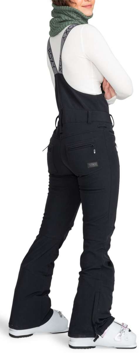 Roxy Women's Summit Bib Shell Pants 2024 - Black bib shell pants with a subtle floral pattern on the side of the leg.