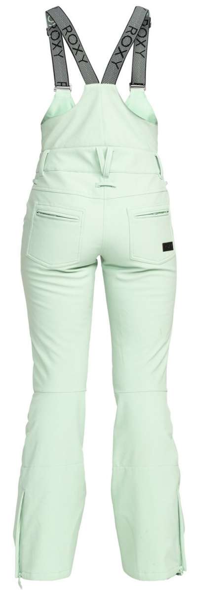 Roxy Women's Summit Bib Shell Pants 2024 - Light-colored bib shell pants with a black logo on the left leg and adjustable straps at the waist.