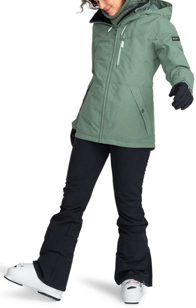 Roxy Women's Summit Bib Shell Pants 2024 - A sage green snow pant with a black waistband and silver zipper.