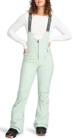Roxy Women's Summit Bib Shell Pants 2024 - Light blue bib shell pants with a white logo on the left thigh and black straps.