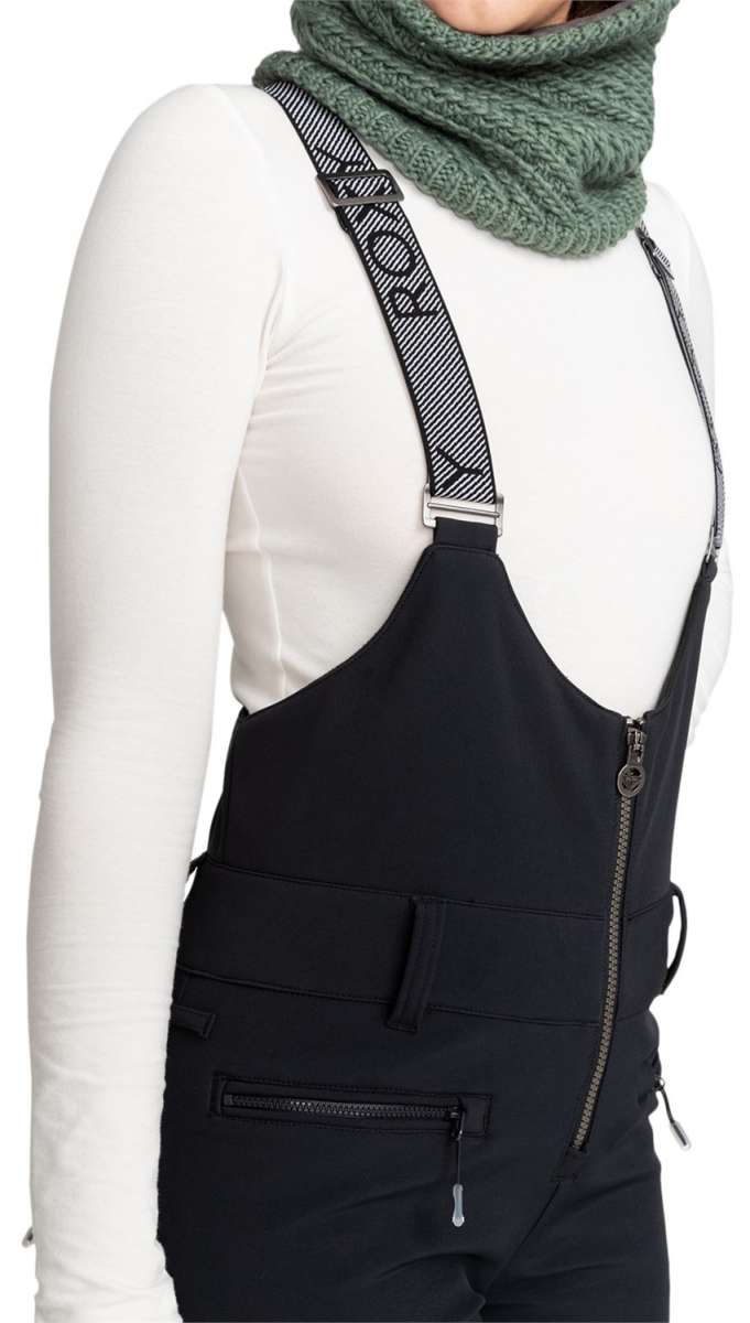 Roxy Women's Summit Bib Shell Pants 2024 - Black snow pants with a white logo on the left thigh and silver zippers.