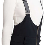 Roxy Women's Summit Bib Shell Pants 2024 - Black snow pants with a white logo on the left thigh and silver zippers.