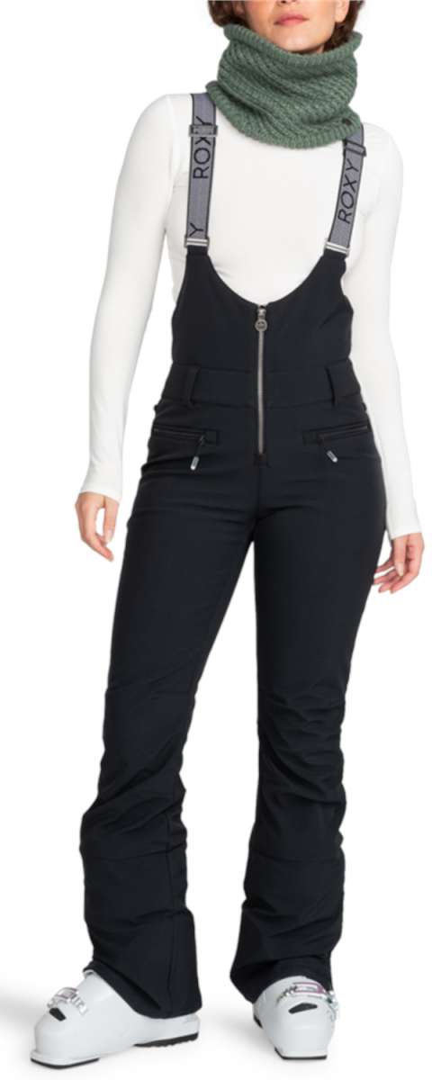 Roxy Women's Summit Bib Shell Pants 2024 - Black snow pants with a subtle white stripe on the side of each leg.