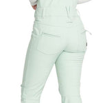 Roxy Women's Summit Bib Shell Pants 2024 - A pair of light blue snow pants with a black logo on the left thigh and a zippered pocket on the right hip.