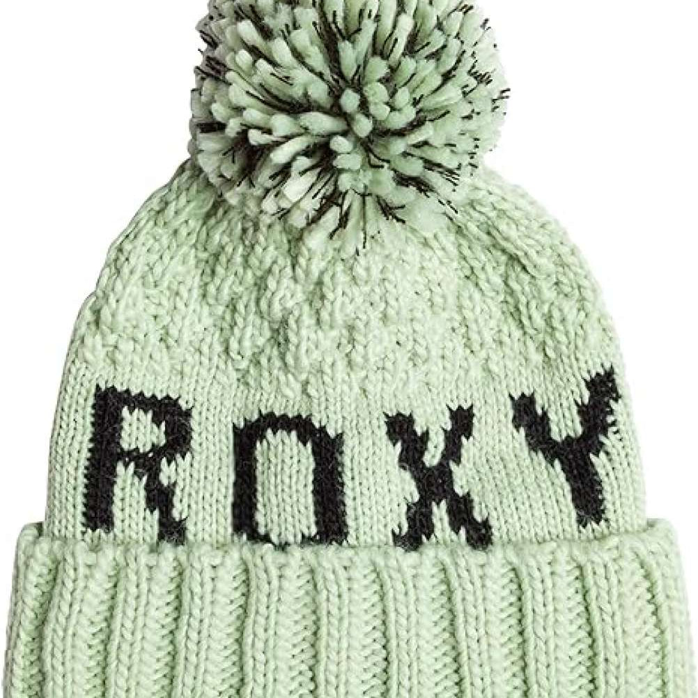 Roxy Women's Tonic Beanie 2024 - A light green beanie with a large pom-pom on top and "ROXY" embroidered in black across the front.