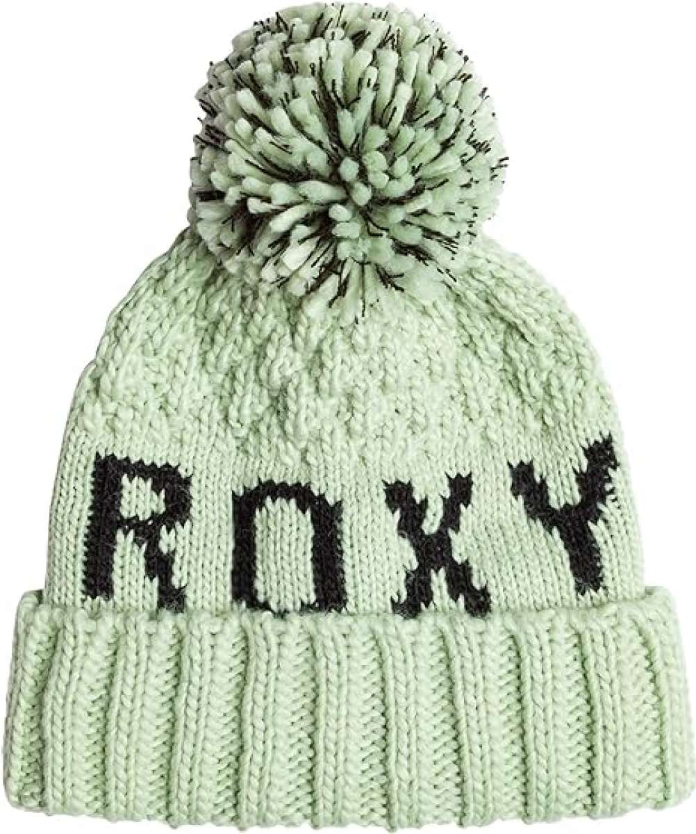 Roxy Women's Tonic Beanie 2024 - A light green beanie with a large pom-pom on top and "ROXY" embroidered in black across the front.
