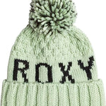 Roxy Women's Tonic Beanie 2024 - A light green beanie with a large pom-pom on top and "ROXY" embroidered in black across the front.