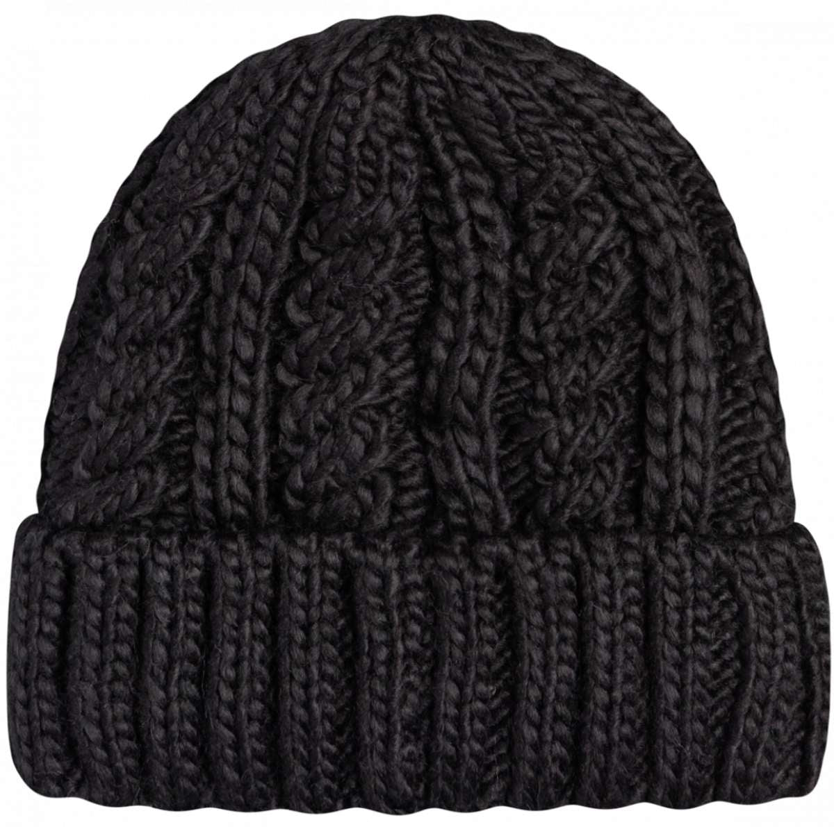 Roxy Women's Tram Beanie 2023 - Black beanie with a ribbed cuff and cable-knit pattern on the front.
