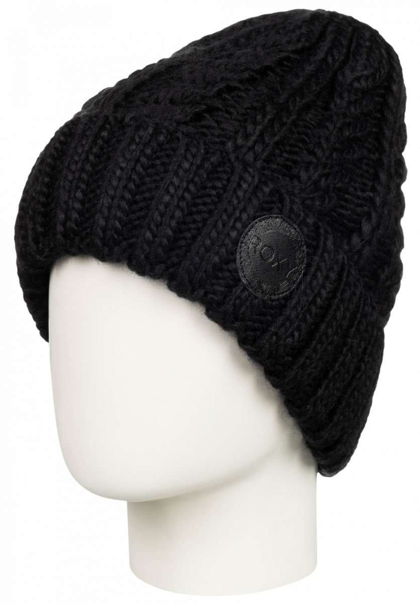 Roxy Women's Tram Beanie 2023 - A black beanie with a circular ROXY logo on the front.