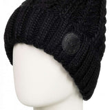 Roxy Women's Tram Beanie 2023 - A black beanie with a circular ROXY logo on the front.