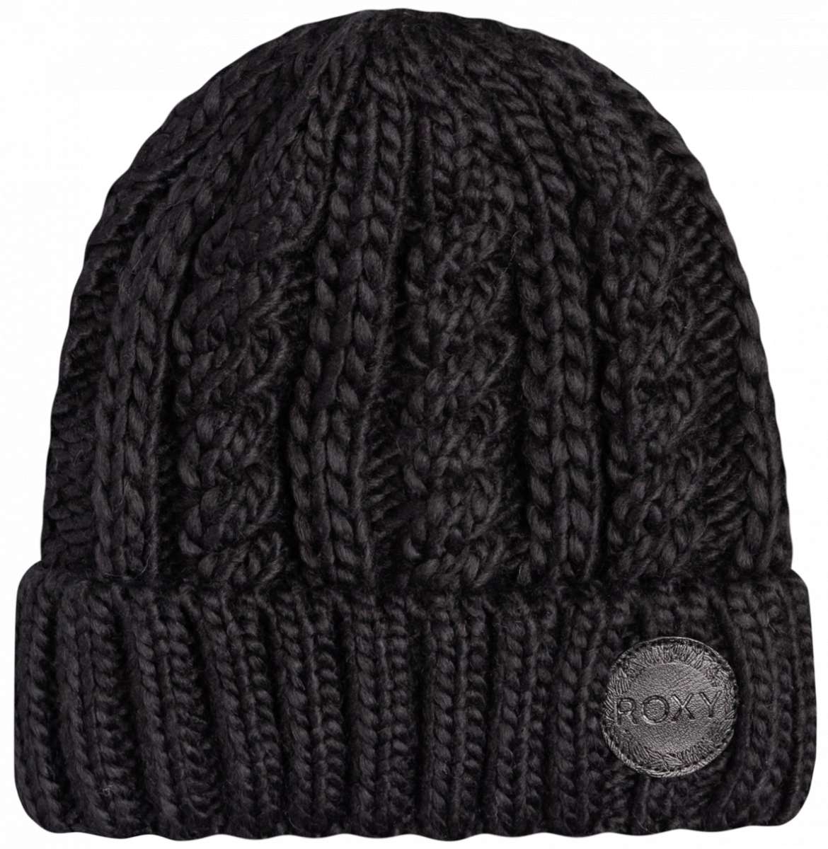 Roxy Women's Tram Beanie 2023 - A black beanie with a ribbed texture and a circular embroidered logo on the front.