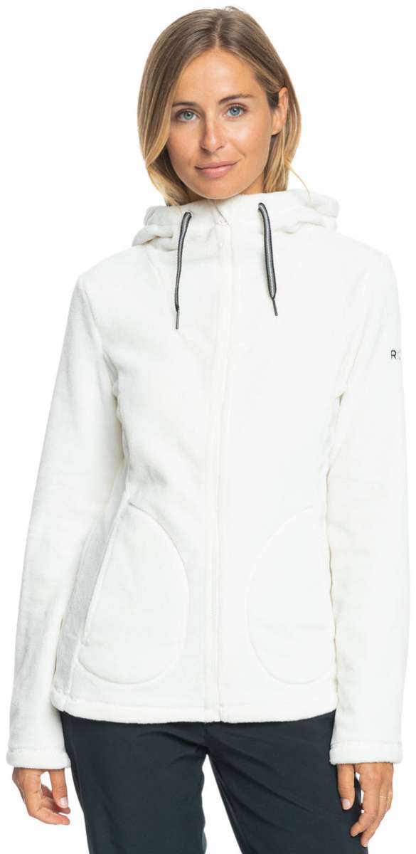 Roxy Women's Tundra Full Zip Fleece Jacket 2024 - A white fleece jacket with a zippered front and hood, featuring black drawstrings on the hood.