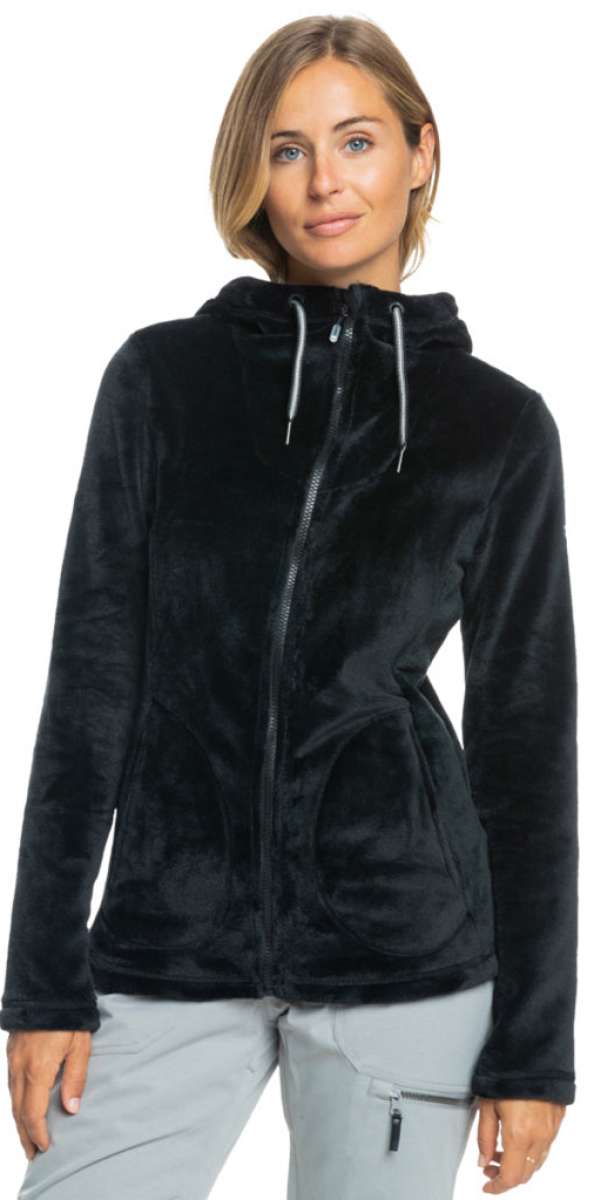 Roxy Women's Tundra Full Zip Fleece Jacket 2024 - A black fleece jacket with a full zip and hood, featuring a drawstring at the waist.