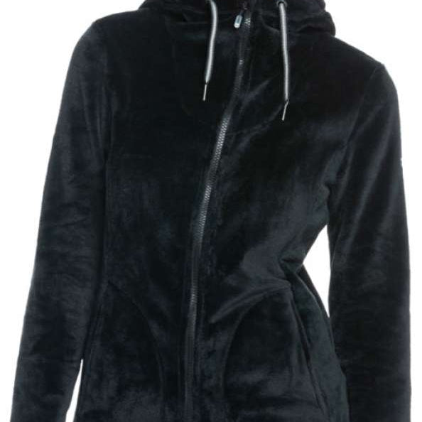 Roxy Women's Tundra Full Zip Fleece Jacket 2024 - A black fleece jacket with a full zip and hood, featuring a drawstring at the waist.
