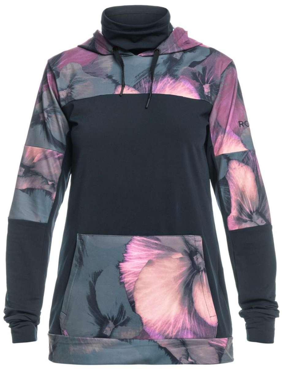 Roxy Women's Winter Valley Hoodie 2024 - A black hoodie with a pink and purple floral pattern on the hood, sleeves, and bottom hem.