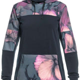 Roxy Women's Winter Valley Hoodie 2024 - A black hoodie with a pink and purple floral pattern on the hood, sleeves, and bottom hem.