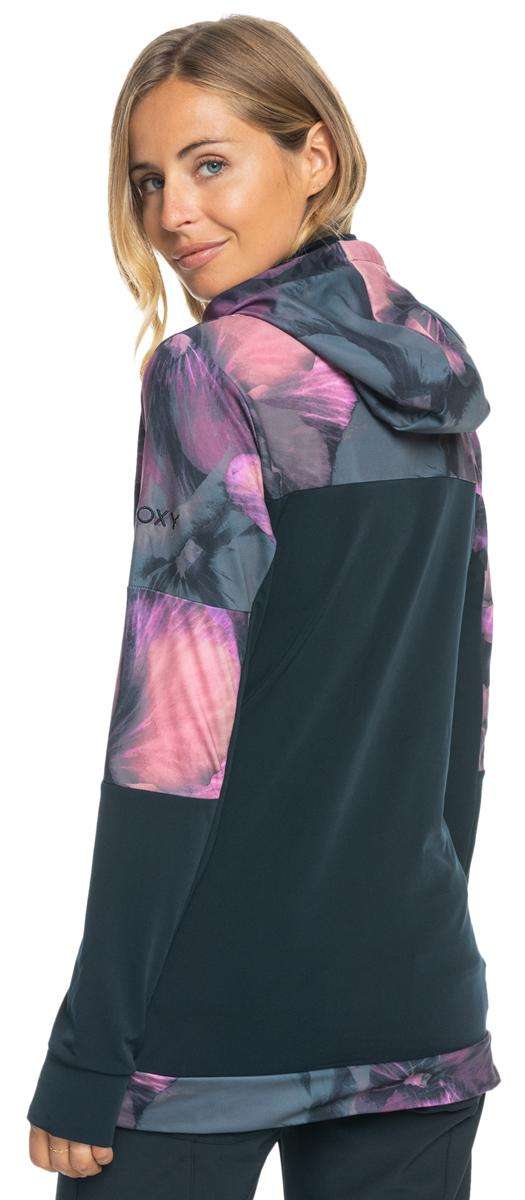 Roxy Women's Winter Valley Hoodie 2024 - A black hoodie with a pink and purple abstract design on the chest, sleeve cuffs, and hood.