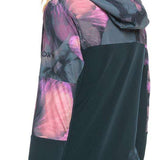 Roxy Women's Winter Valley Hoodie 2024 - A black hoodie with a pink and purple abstract design on the chest, sleeve cuffs, and hood.