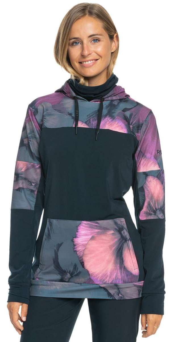 Roxy Women's Winter Valley Hoodie 2024 - A woman with blonde hair wearing a black hoodie with pink and purple floral designs on the chest, sleeves, and hood.