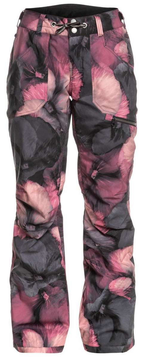 Roxy Women's Nadia Print Insulated Pant - A pair of insulated snow pants with a pink and black floral pattern.