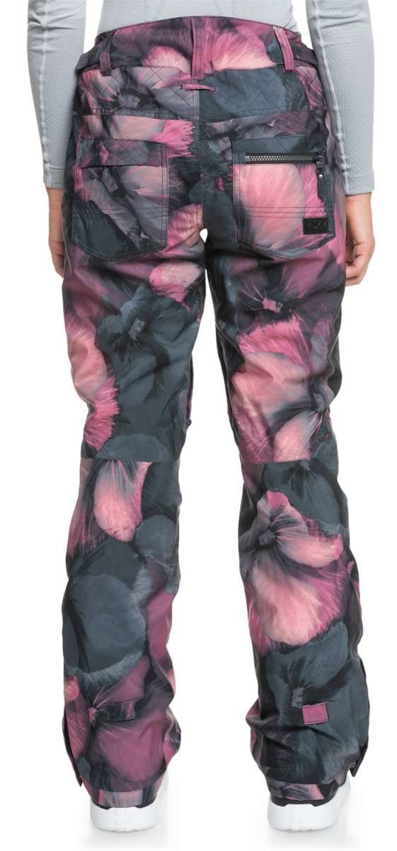 Roxy Women's Nadia Print Insulated Pant - A pair of insulated ski pants with a pink and black floral print design.