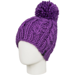 Roxy Women's Winter Beanie 2022 - A purple beanie with a pom-pom on top, featuring a cable-knit pattern and a ribbed cuff.