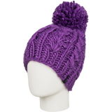Roxy Women's Winter Beanie 2022 - A purple beanie with a pom-pom on top, featuring a cable-knit pattern and a ribbed cuff.