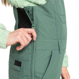 Roxy Women's Rideout Insulated Bib Pant 2024 - A sage green bib pant with a black waistband and belt loops, featuring a zippered fly and two front pockets.