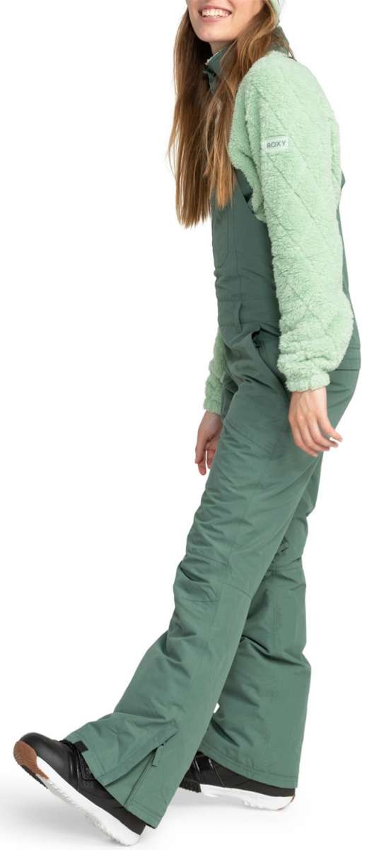 Roxy Women's Rideout Insulated Bib Pant 2024 - Sage green bib pants with a quilted pattern on the side seams and black hardware.