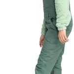 Roxy Women's Rideout Insulated Bib Pant 2024 - Sage green bib pants with a quilted pattern on the side seams and black hardware.