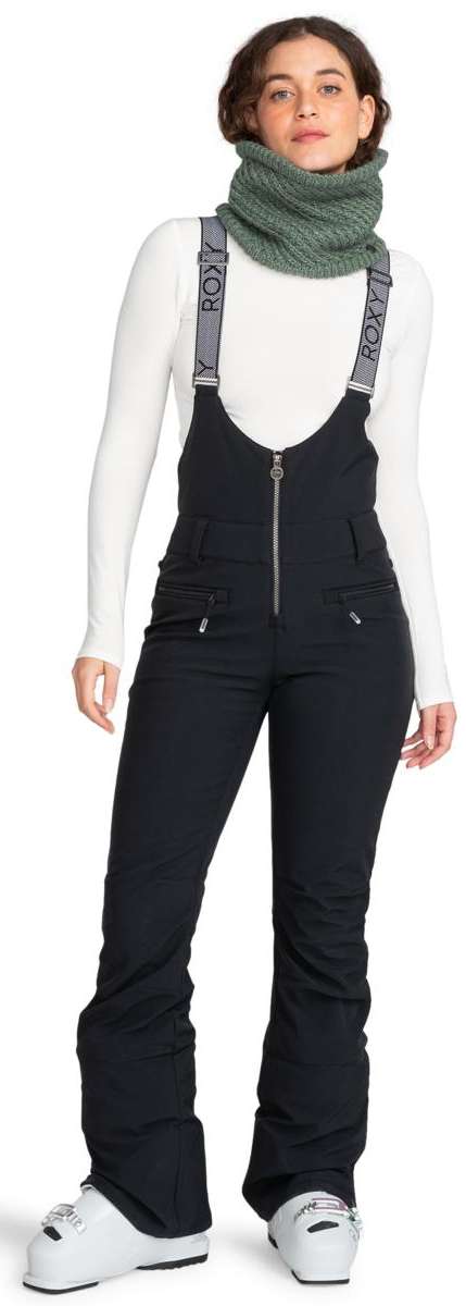 Roxy Women's Rideout Insulated Bib Pant - Black bib pants with gray straps and silver zipper.
