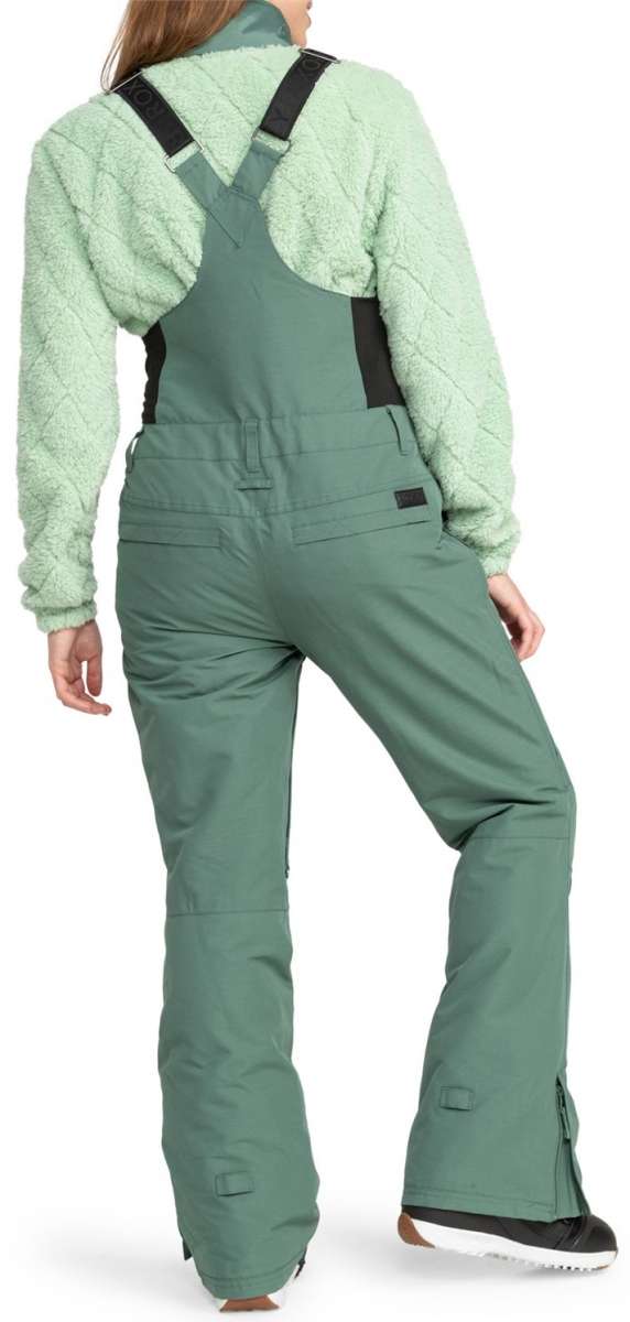 Roxy Women's Rideout Insulated Bib Pant 2024 - Sage green bib pants with black straps and a zippered pocket on the side.