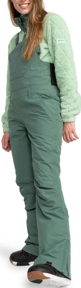 Roxy Women's Rideout Insulated Bib Pant 2024 - Black bib pant with white logo on left thigh and black straps over shoulders.