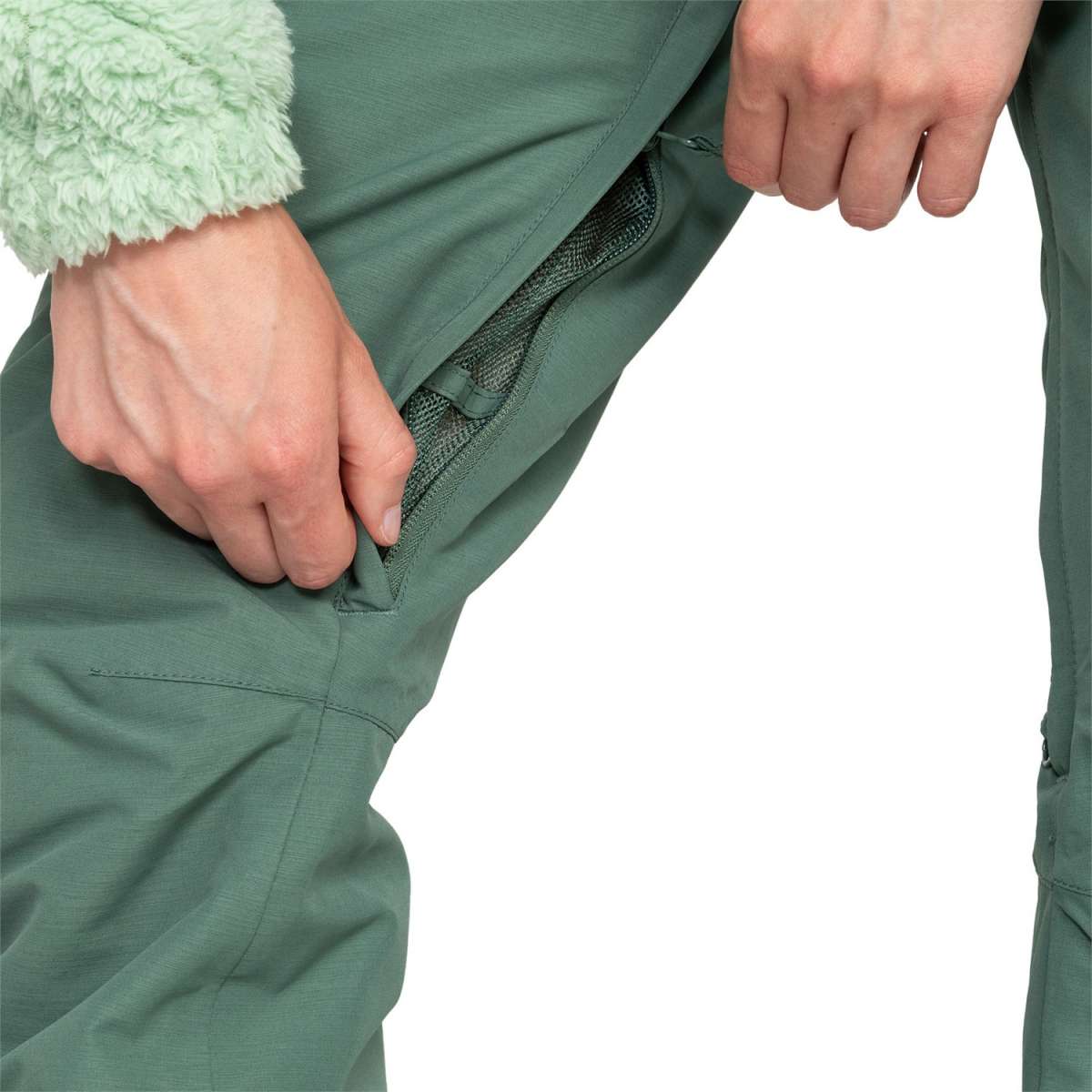 Roxy Women's Rideout Insulated Bib Pant 2024 - Dark green bib pant with zippered pockets and adjustable waistband.
