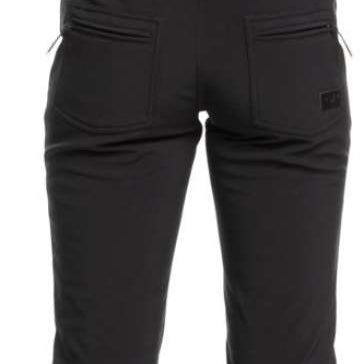 Roxy Women's Rideout Insulated Bib Pant 2024 - Black bib pants with a subtle pattern of small, light-colored snowflakes on the upper thigh area.