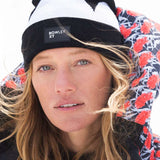 Roxy X Rowley Women's Beanie 2022 - A black beanie with a white stripe and a rectangular patch that says "ROWLEY XY" in white letters.