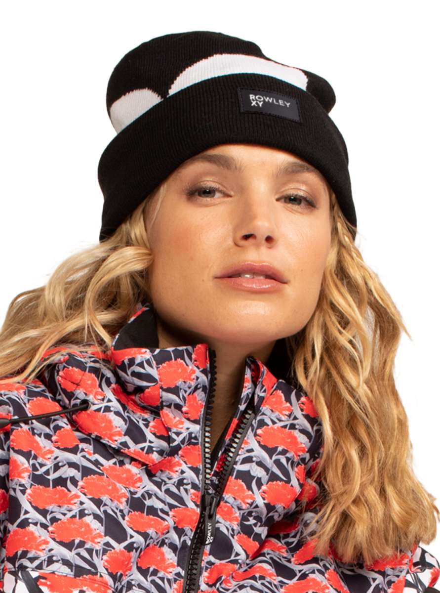 Roxy X Rowley Women's Beanie 2022 - A black beanie with a white stripe on top and a small tag that reads "Rowley" in white letters.
